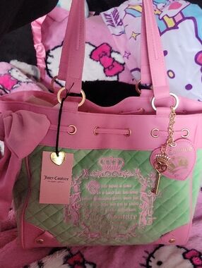 Juicy Couture Pink and Green Quilted Shoulder Daydreamer with Gold Charm